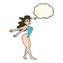 cartoon sexy woman in swimsuit with thought bubble