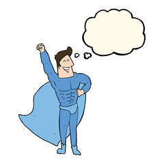 cartoon superhero with thought bubble