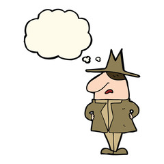 cartoon man in coat and hat with thought bubble
