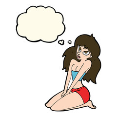 cartoon woman in skimpy clothing with thought bubble