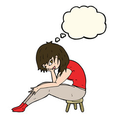 cartoon woman sitting on small stool with thought bubble