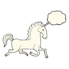 cartoon running white stallion with thought bubble