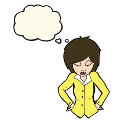 cartoon woman with hands on hips with thought bubble