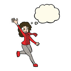 cartoon woman waving dressed for winter with thought bubble