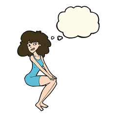 cartoon sitting woman in dress with thought bubble