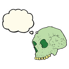cartoon spooky skull with thought bubble