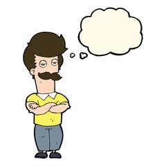 cartoon mustache muscle man with thought bubble