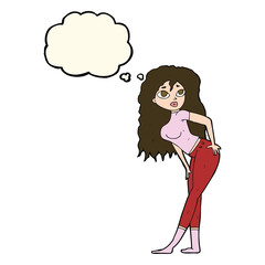 cartoon attractive woman looking surprised with thought bubble