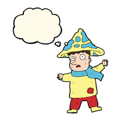 cartoon magical mushroom man with thought bubble