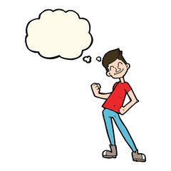 cartoon celebrating man with thought bubble