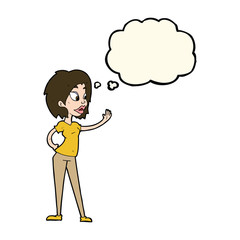 cartoon woman waving with thought bubble