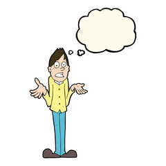 cartoon man shrugging shoulders with thought bubble