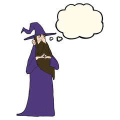 cartoon old wizard with thought bubble