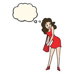 cartoon woman looking in handbag with thought bubble