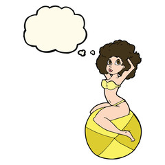 cartoon pin up girl sitting on ball with thought bubble