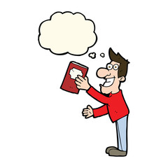 cartoon man with book with thought bubble