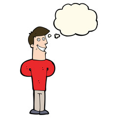 cartoon grinning man with thought bubble