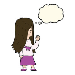 cartoon girl with pony shirt waving with thought bubble