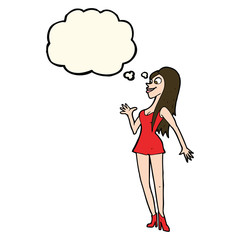 cartoon woman in pink dress with thought bubble