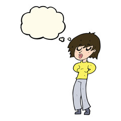 cartoon woman whistling with thought bubble