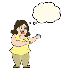 cartoon happy fat woman with thought bubble