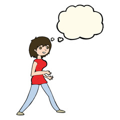 cartoon woman walking with thought bubble