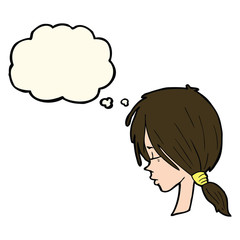 cartoon girl looking thoughtful with thought bubble