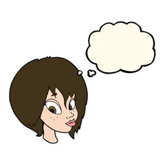 cartoon pretty female face pouting with thought bubble
