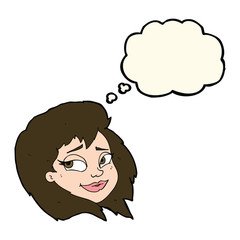 cartoon happy female face with thought bubble