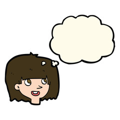 cartoon happy female face with thought bubble