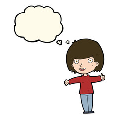 cartoon happy woman with thought bubble