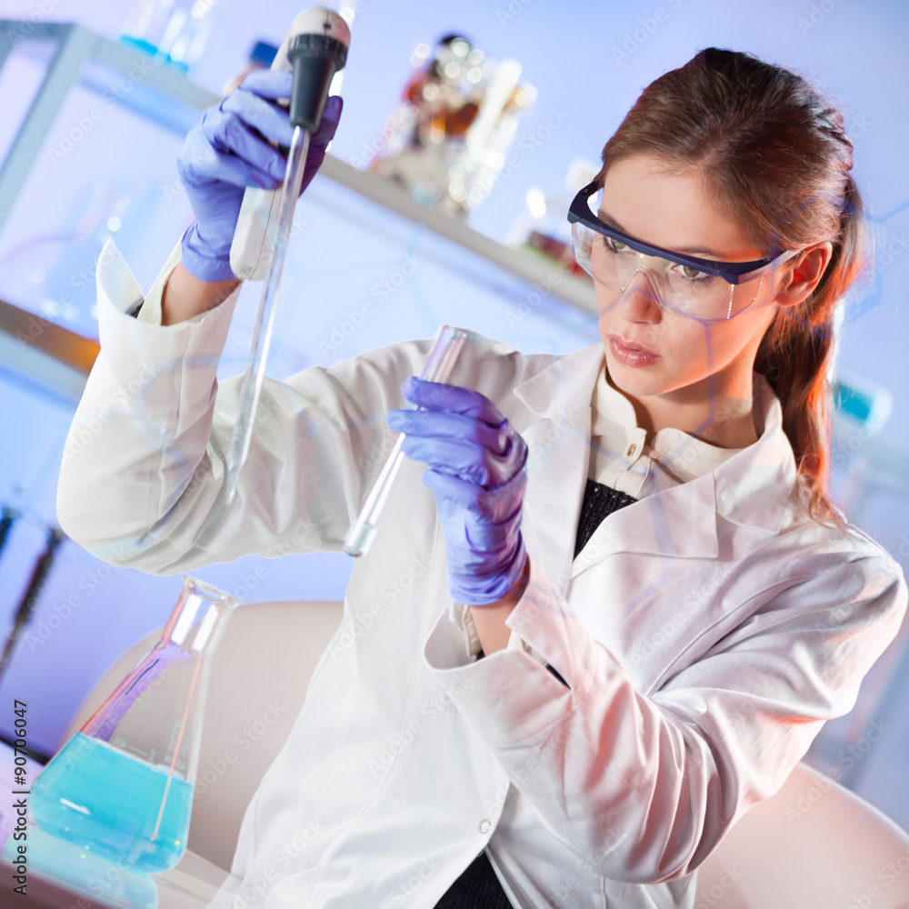 Poster young scientist pipetting in life science laboratory.