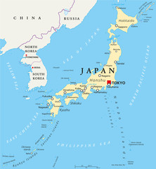 Japan political map with capital Tokyo, national borders and important cities. English labeling and scaling. Illustration. - obrazy, fototapety, plakaty