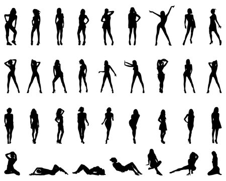 Black silhouettes of girls in various poses, vector