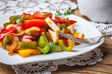 Ratatouille on a rustic table.