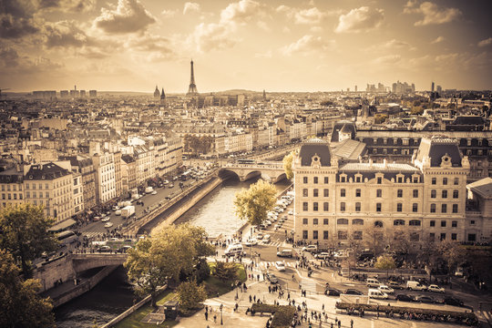 Vintage style image of Paris France from above 