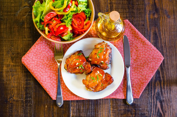 HONEY SOY CHICKEN GRILLED THIGHS AT WOODEN TABLE
