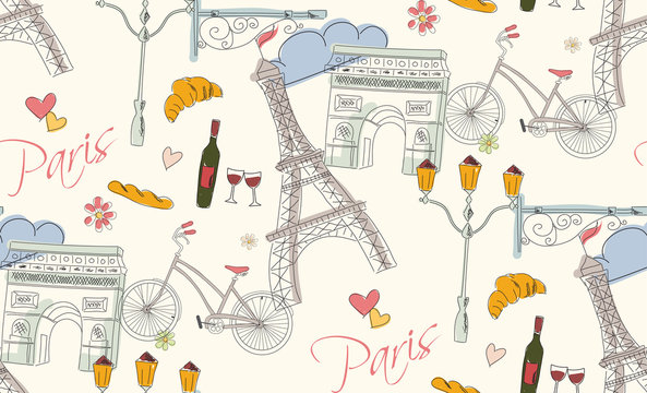 Paris symbols, postcard, seamless pattern, hand drawn