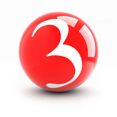 Number 3 on a bright red balls isolated on white.