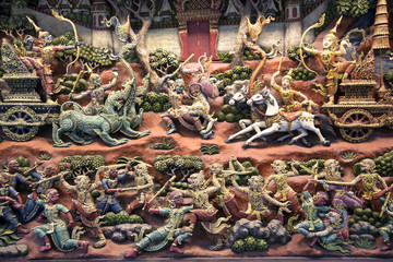 Section of an ancient mural wood carving art from Thailand. 