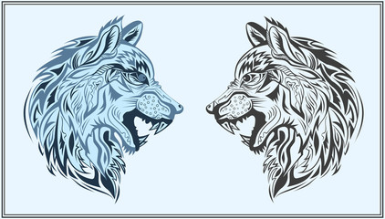 Obraz premium Graphic decorative wolves in black and blue colors
