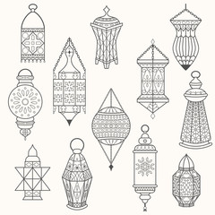 Set of old lamps. Lantern vector dark silhouettes