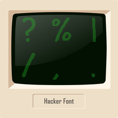 Hacker ASCII character font set on computer display. Vector image