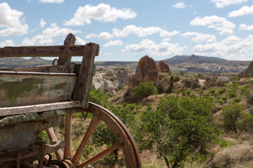 old carriage in front of valley
