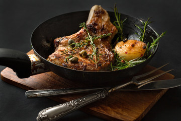 Pork loin fried on wooden