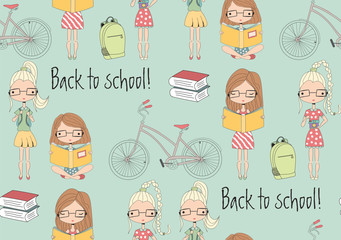 Back to school seamless pattern with school girls, bicycle and b