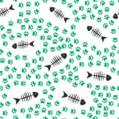 Fish bones and cat's paws. Seamless pattern. Endless vector background.