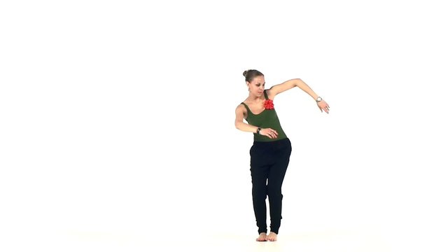Social latin dancer girl making moves dancing, on white, slow