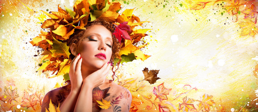 Fashion Art in Autumn - Artistic Makeup With Hairstyle Nature

