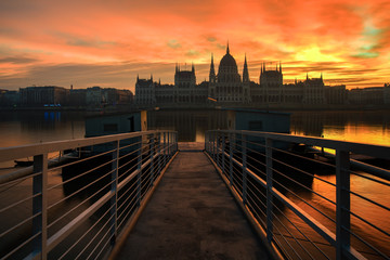 Long exposure image of the hungarian parliament and dock No 1 in